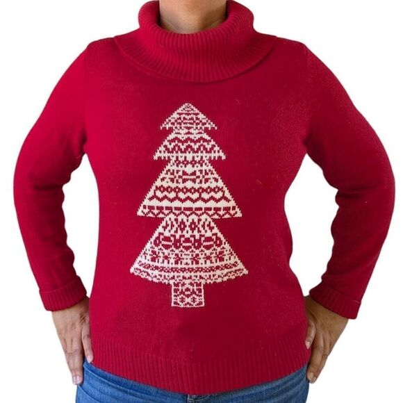 Talbot Velvet Red White Christmas Tree Oversized Turtle Cowl Neck Sweater Size L - Picture 1 of 6